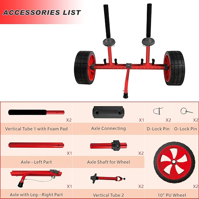 Sit On Top Kayak Cart, Heavy-Duty Plug-in Kayak Cart Dolly with 10 Inch Airless Wheels, Width Adjustable for Carrying Kayaks Canoes with Scupper Holes