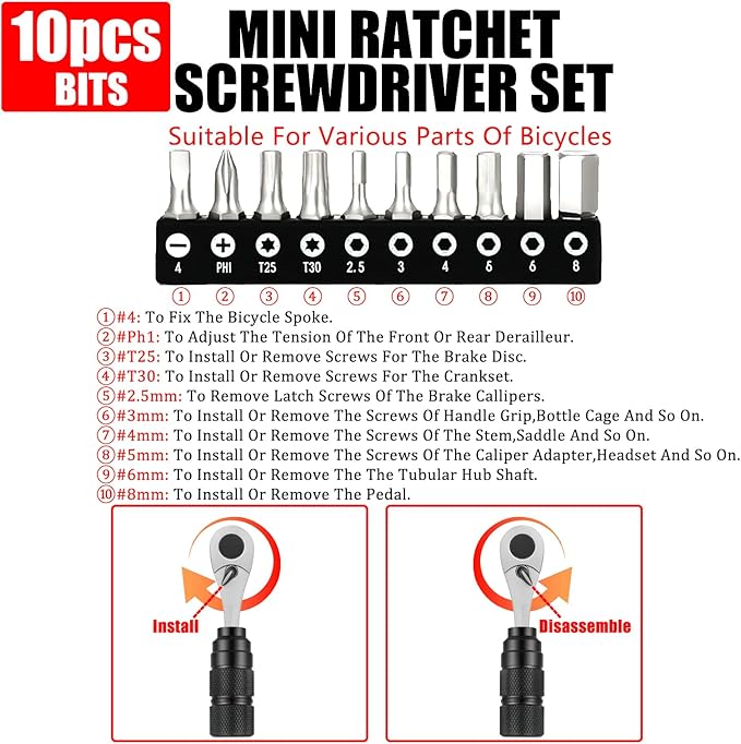 28Pcs Bike Tool Kit Portable, 1/4 Inch Small Torque Wrench Magnetic Ratchet Screwdriver Set, Bicycle Repair Kit Compact for Mountain Road Electric E Ebike, Bike Tire Tube Patch with Mini Pump