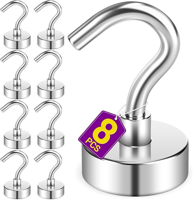 8 Pack Magnetic Hooks for Cruise Cabins, 30 LB Neodymium Magnets with Hooks, Heavy Duty Magnet Hooks for Hanging, Kitchen, Office, Towels, Curtains, Mug Holders (Silver)