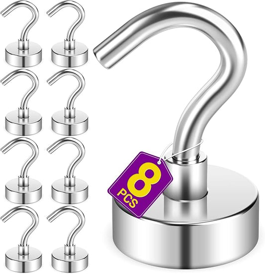 8 Pack Magnetic Hooks for Cruise Cabins, 30 LB Neodymium Magnets with Hooks, Heavy Duty Magnet Hooks for Hanging, Kitchen, Office, Towels, Curtains, Mug Holders (Silver)