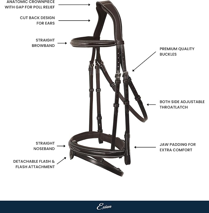 Exion Anatomical Snaffle Jumping Bridle for Horses with Removable Flash Noseband & Rubber Reins – Premium Vegetable-Tanned Leather, SS Buckles, Padded MonoCrown, Designer Stitching
