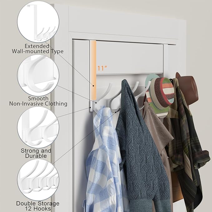 Large Over The Door Hooks, Sturdy Door Hanger with 12 Hooks, Door Towel Rack for Bathroom, Bedroom, Kitchen, Coat Rack for Hanging, Easy to Install (White)