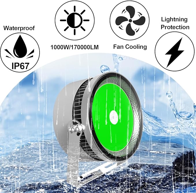 1000W LED Dock Fishing Lights, 170000lm High Brightness Fish Collector Light, IP67 Waterproof Fish Attracting Lights,10KV Lightning-Proof Green Color Fishing Light for Ship/Night/Net Fishing