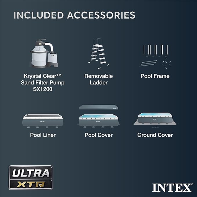 INTEX Ultra XTR 18 ft x 9 ft 52 in Above Ground Pool Set, Rectangular Swimming Pool with Steel Frame, 1500 GPH Sand Filter Pump, Ladder, Cover, & Ground Cloth