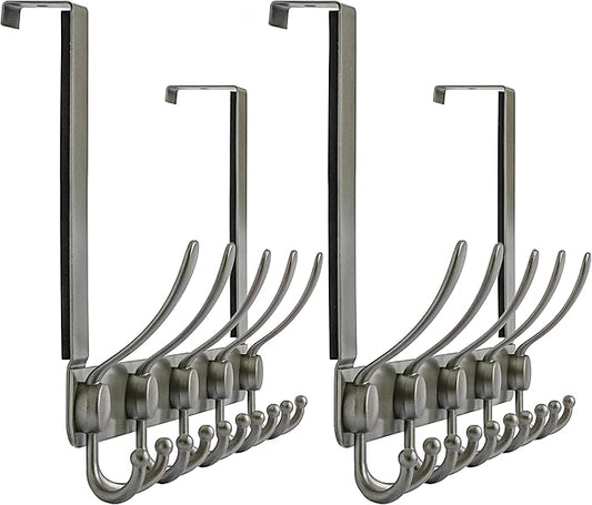 Dseap Over The Door Hook Hanger - Fits 1 3/8" to 1 3/4" Standard Doors | 5 Tri Hooks Heavy Duty Towel/Coat Rack | Door Organizer for Clothes, Jackets, Hats, Towels, Grey, Pack of 2