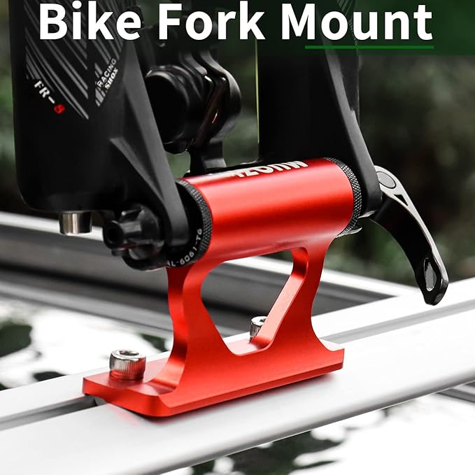 Quick Release Fork Mount, Bike Car Roof Mount Rack Road Bicycle Fork Block Thru Axle Wheel Holder, Truck Bed Fork Mount with Installation Adapters MTB Tire Holder Rack Mount, Red