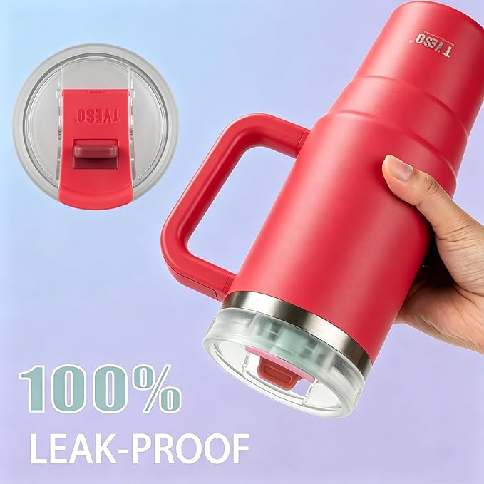 TYESO Vacuum Insulated Tumbler Water Bottle Cold Insulation Stainless Steel Bottle Straw Handle Mug Double Wall Wide Mouth (ROSE RED, 30 oz)