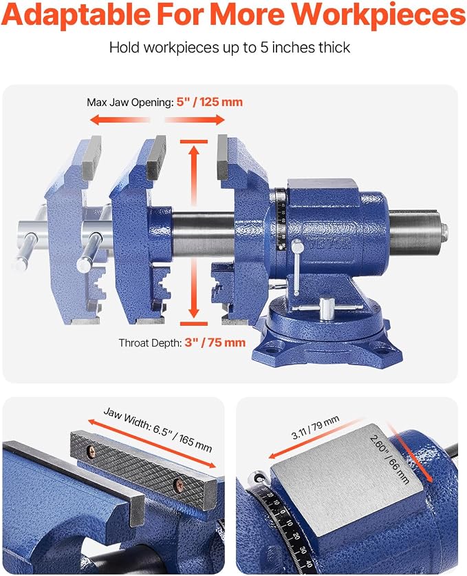 VEVOR Bench Vise 6.5 Inch Jaw Width 360-Degree Swivel Base and Rotate Clamp
