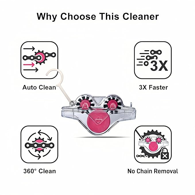 Upgraded Polycarbonate Bike Chain Cleaner Tool – Leak-Proof Chain Scrubber with 360° Automatic Brushes, No Chain Removal Drivetrain Maintenance Kit for MTB, Road & E-Bikes (Pink)