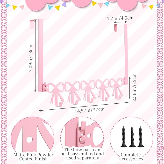 Pink Bow Over The Door Hooks Hanger Wall Mount Towel Hanger Door Holder Organizer 5 Hooks Kawaii Farmhouse Rustic Coquettish Style Decor for Bedroom Bathroom Towel Hat Clothes