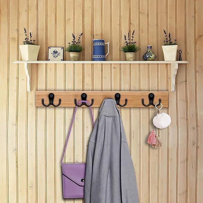 2 Pcs Double Prong Robe Hooks, Dual Coat Hooks Wall Mounted Hanging Clothes for Bathroom Bedroom Door Wall Retro Metal Cloth Hanger Double Coat Hooks with 4 Screws (Black)