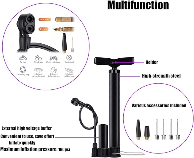 Bike Floor Pump, Bicycle Pump with Dual Presta & Schrader Valve Head, High Pressure Bicycle Tire Inflator, Portable Hand Air Pump for Road & Mountain Bikes, Strollers and Balls