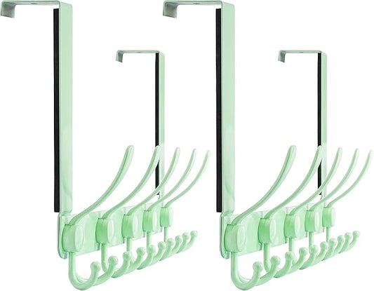 Dseap Over The Door Hook Hanger - Fits 1 3/8" to 1 3/4" Standard Doors | 5 Tri Hooks Heavy Duty Towel/Coat Rack | Door Organizer for Clothes, Jackets, Hats, Towels, Green, Pack of 2