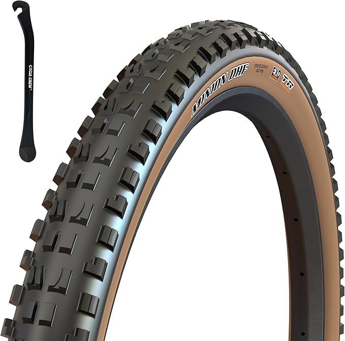 Minion DHF Mountain Bike Tire - Tan Sidewall - 27.5" & 29" - Bundle with Cycle Crew Tire Lever