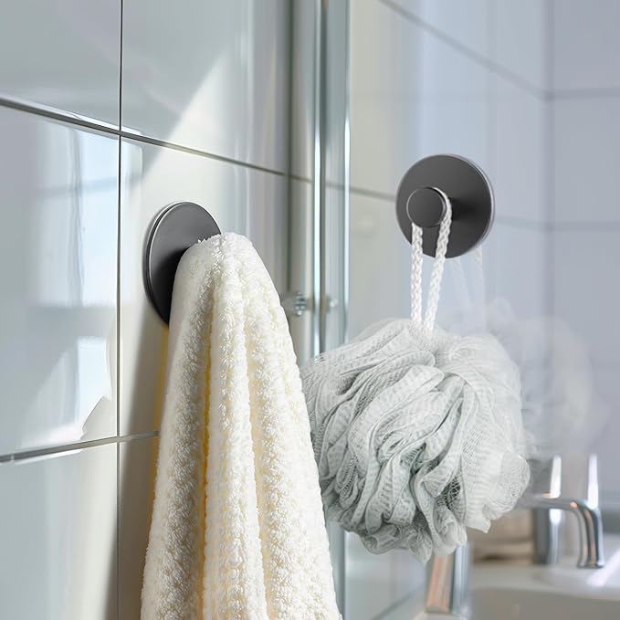 Multifunctional Towel Hooks for Bathroom Wall - Extra Sticky Stainless, Holds up to 12LB, Coat Hooks Wall Hooks, Adhesive Door Holder Hanger Shower Accessories, Matt Black Heavy Duty