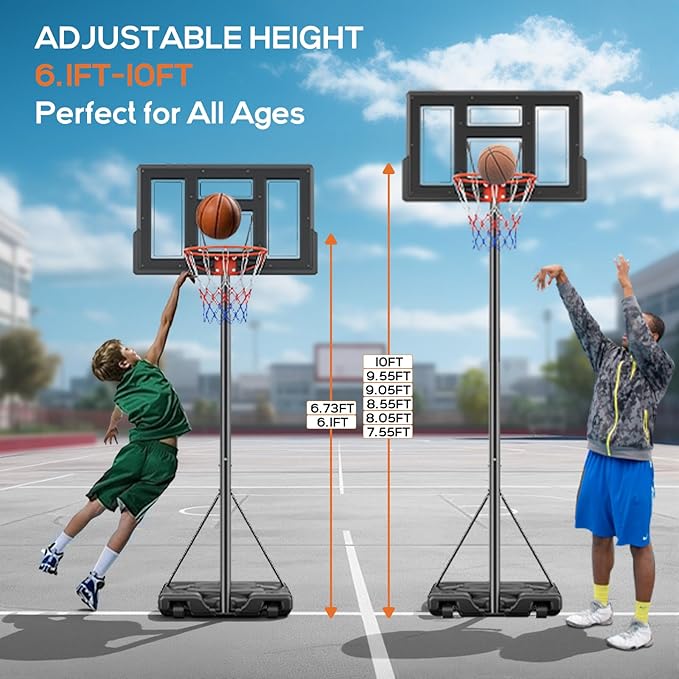 Portable Basketball Hoop Outdoor, Adjustable Basketball Hoops Goal System Shatterproof Backboard, Shock Absorbent Rim, Fillable Base for Swimming Pool/Backyard/Driveway
