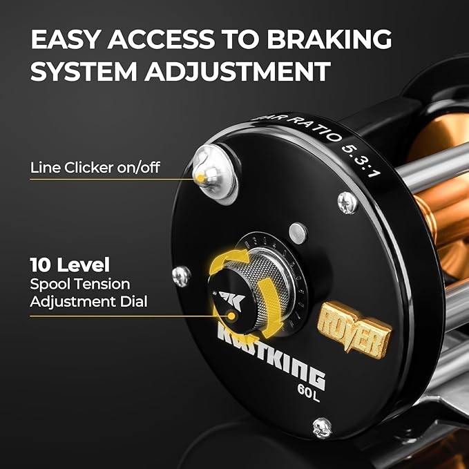 KastKing Rover Round Baitcasting Fishing Reel, Perfect Conventional Reel for Catfish, Salmon/Steelhead, Striper Bass and Inshore Saltwater Fishing Reel, Reinforced Metal Body