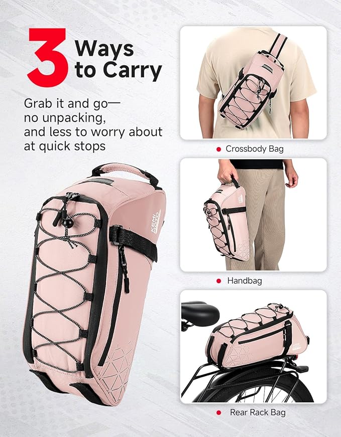 KEMIMOTO Rear Bike Rack Bag - 8L PVC Water Resistant Ebike Bags for Bicycle Rear Rack, Bicycle Trunk Pannier for Commuter Travel Shopping and Cycling (Pink)