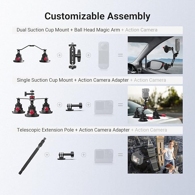 NEEWER 5 in 1 Suction Car Mount Kit Compatible with Insta 360 X5 X4 X3 Insta360 X2 GoPro Max DJI OSMO 360 Action Camera Accessories, Quick Release with Invisible Selfie Stick for Windshield, CA075