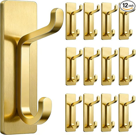 pickpiff 12 Pack Wall Hooks for Coat and Towel: 13LB Strong Adhesive Door Hanger Stick on, Brushed Gold