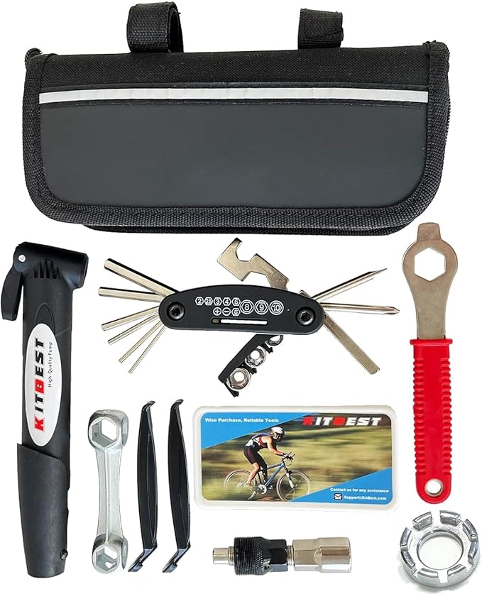 Kitbest Bike Repair Tool Kit. 100 PSI Mini Bike Pump, Tire Puncture Repair Kit, 16 in 1 Bike Multi Tool, Glueless Tire Patch Kit, Bicycle Tire Lever and Bike Bag