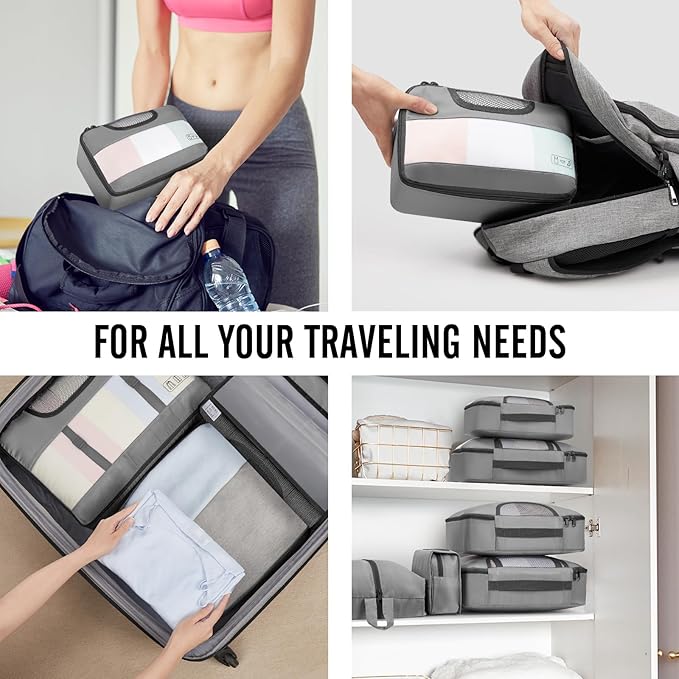Veken パッキングキューブ10点セット 旅行必需品 スーツケース整理バッグ 4サイズ 機内持ち込み手荷物アクセサリー 大型ランドリー＆吊り下げ式トイレタリーバッグ付き 飛行機、ロードトリップ、キャンプの必需品