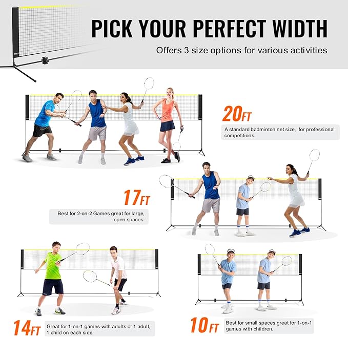VEVOR Badminton Net, Height Adjustable Volleyball Net, Wide Foldable Pickleball Net, Portable Easy Setup Tennis Net Set with Poles, Stand and Carry Bag, for Kids Backyard Game Indoor Outdoor Use