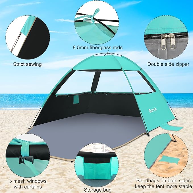 Gorich Beach Tent Sun Shelter for 3/4/6/8/10 Person with UPF 50＋ UV Protection, Lightweight & Easy Setup Beach Shade Canopy, Portable Beach Shade Tent Beach Cabana