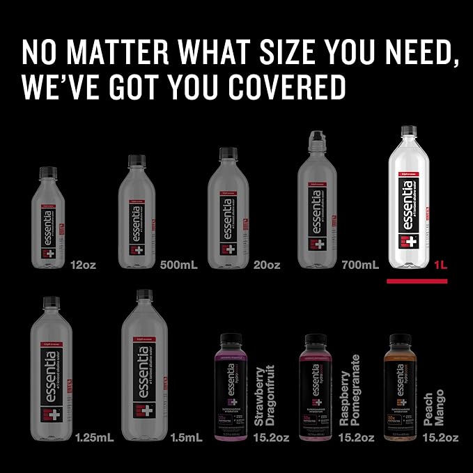 Essentia Water Bottled, Ionized Alkaline Water:99.9% Pure, Infused With Electrolytes, 9.5 pH Or Higher With A Clean, Smooth Taste, 1 Litre (Pack of 12)