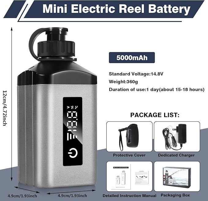 Mini Portable Fishing Reel Battery,5000mAh 14.8V Professional Electric Fishing Reel Lithium Battery with Charger,Smart Digital Display,Saltwater-Resistant