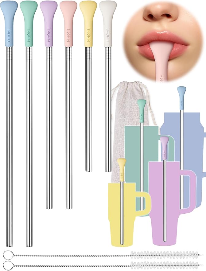 NiHome 6PCS Anti Wrinkle Straws with Silicone Widen Flat Tip Drinking Metal Straw, Fit for Stanley 20/30/40 oz Tumbler, Reusable Wrinkle Free Stainless Steel Long Straw, Brushes & Carry Bag (Macaron)