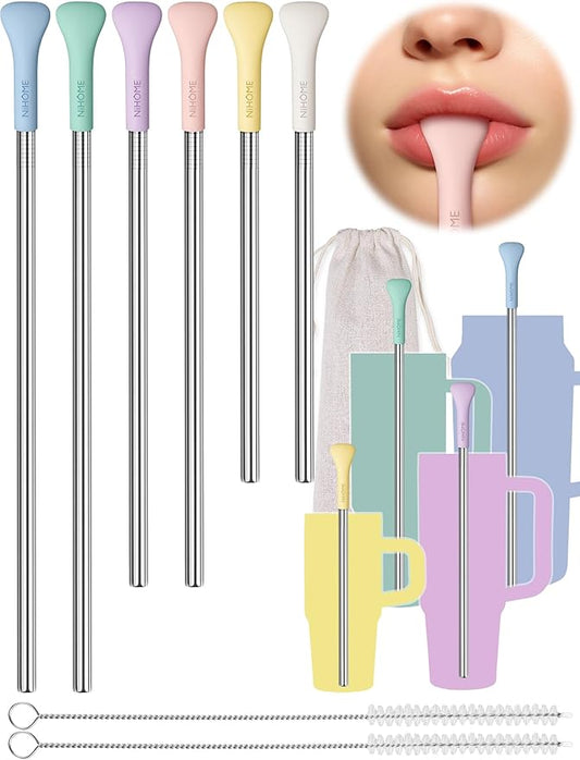 NiHome 6PCS Anti Wrinkle Straws with Silicone Widen Flat Tip Drinking Metal Straw, Fit for Stanley 20/30/40 oz Tumbler, Reusable Wrinkle Free Stainless Steel Long Straw, Brushes & Carry Bag (Macaron)