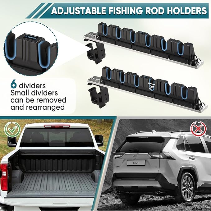 GADFISH Fishing Rod Holder for Truck Bed, Hold 6 Fishing Rods at Once, Adjustable Fishing Rod Holder Fits Most Fishing Rods, 2 Mounting Options