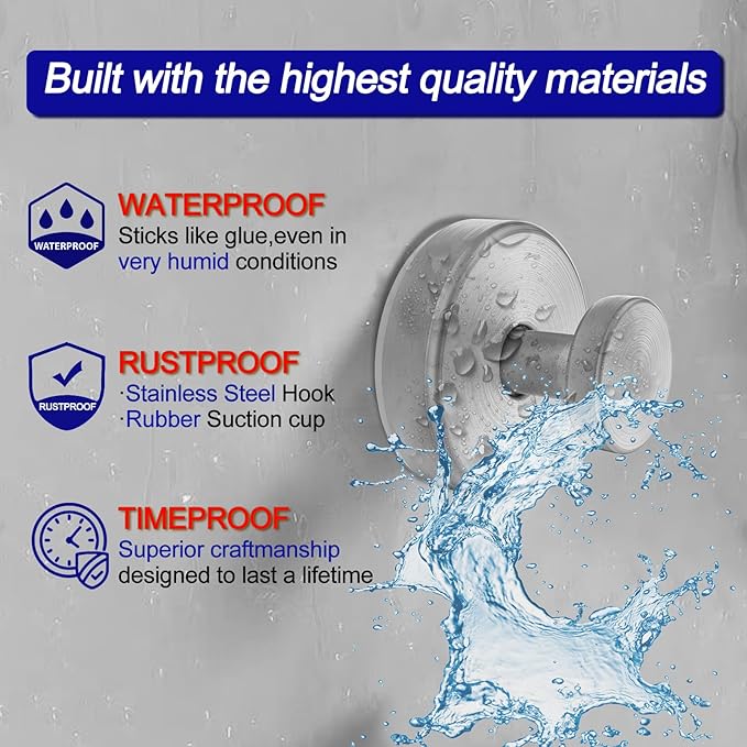 Suction Cup Hooks for Shower, Heavy Duty Suction Hanger for Bathroom Window Glass, Bath Robe Looafh Towel Hook for Hanging - 4 Pack, Silver