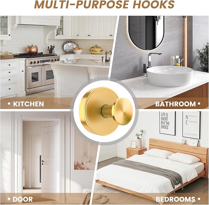 BKV Suction Cup Hooks for Glass Window,Removable Shower Hooks for Inside Shower,Metal Towel Hooks for Bathrooms,6 Pack(Gold)