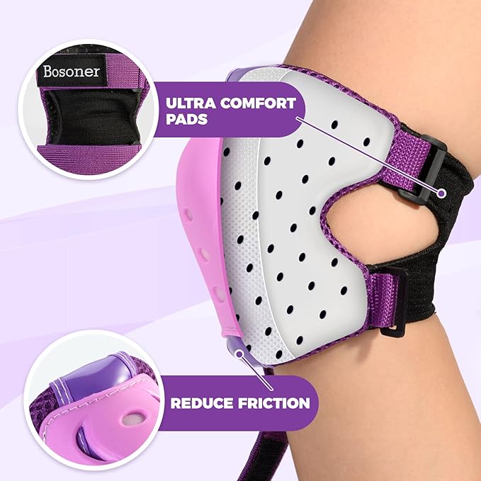 BOSONER Knee Pads for Kids Roller-Skating: Adjustable Protective Gear Set Knee Elbow Pads Wrist Guards for Bike Cycling Skateboarding Scooter Gifts 3-8 / 9-15 Years Boys Girls