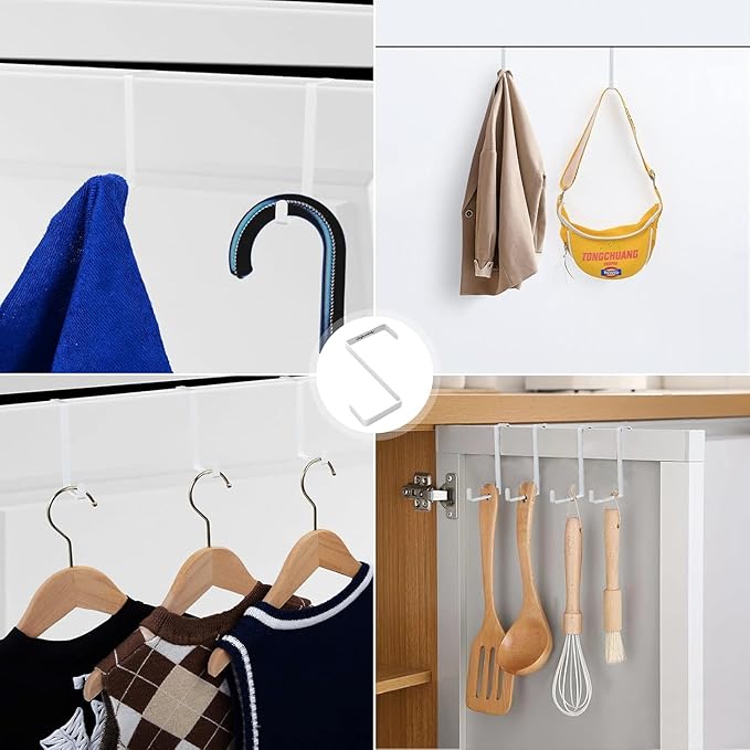 Unjumbly 4 Pack Over The Door Hooks - Fitting Door Width Between 1 3/8" and 1 3/4", Reversible Door Hangers for Hanging Clothes, Towels, Coats and More (White) (White, 2 Pack (Long))