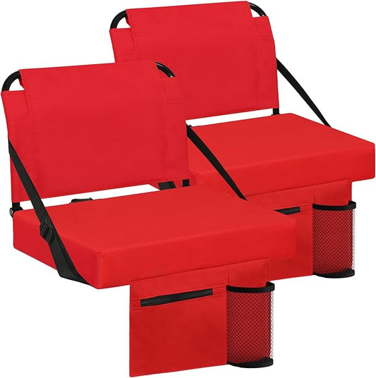 Stadium Seats for Bleachers 2 Pack w/Back Support Bleacher Seat Soft Cushion Light Weight Includes Shoulder Strap & Cup Holder, Front & Back Zipper Pocket, Suitable for Sports Events,Red