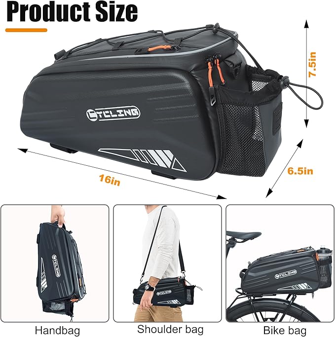 Bike Rack Bag-10L EVA Hard Shell Waterproof 3 in 1 Ebike Trunk Pannier Bag with Reflective Strip & Shoulder Strap for Commuter Travel Outdoor Cycling Accessories (Hard Shell with Rain Cover)