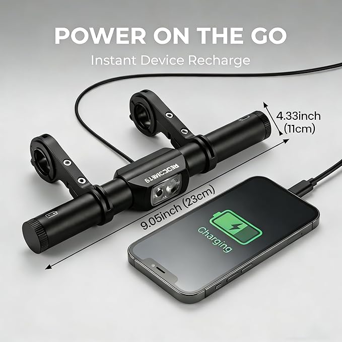 Redcomet Bike Handlebar Extender with Rechargeable Headlight, 800 Lumens USB Bike Light, 9.05" Aluminum Alloy Waterproof Bicycle Extension Bracket Accessories for Bicycle, E-Scooter