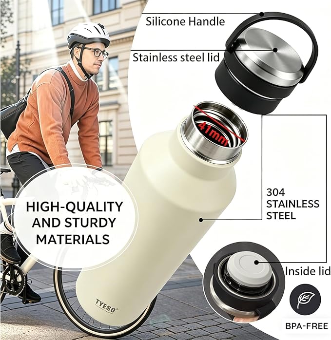 TYESO Stainless Steel Vacuum Insulated Water Bottle, Insulated Water Bottle with Soft Silicone Carry Handle (WHITE, 25 OZ)