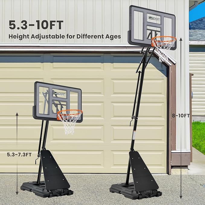 Basketball Hoop Outdoor 44&48 Inch Impact Backboard, 5.3-10FT Height Adjustable Basketball Hoop Goal System with Portable Wheels for Adults