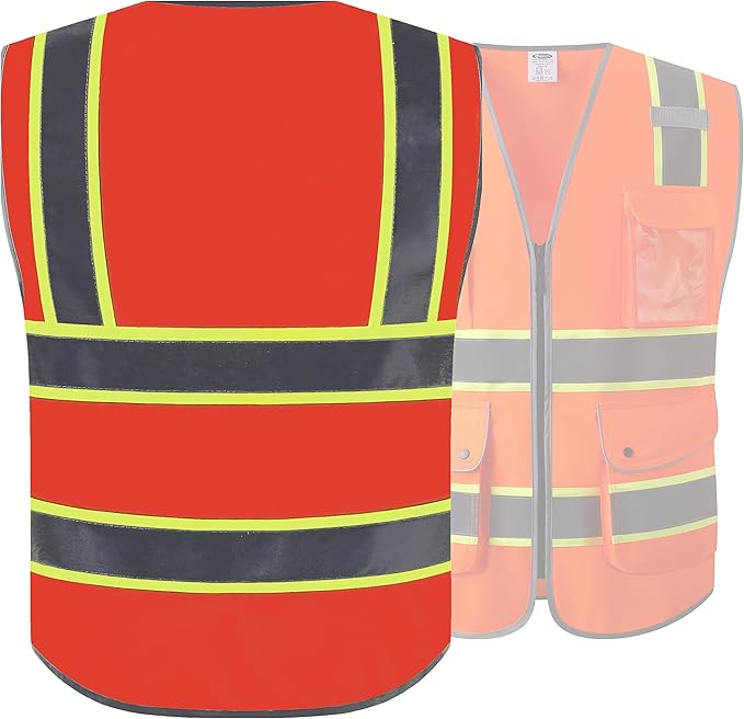 JKSafety 9 Pockets High Visibility Zipper Front Safety Vest | Orange with Dual Tone High Reflective Strips | Meets ANSI/ISEA Standards (901-Orange, X-Large)