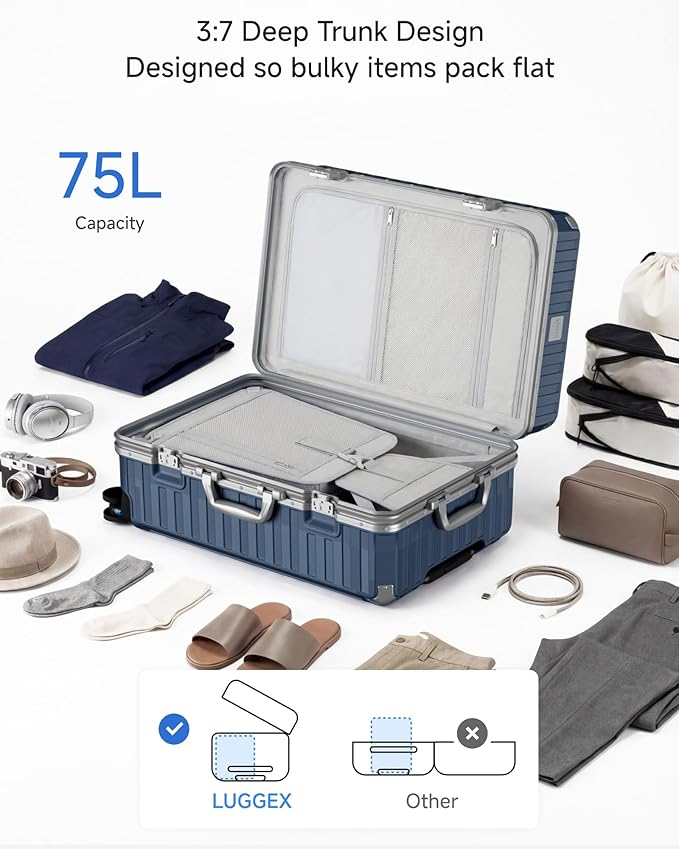 Checked Luggage with Spinner Wheels, 8010S Aluminum Frame Zipperless Polycarbonate Hard Shell Suitcase (ZX-Core, Blue, 24 Inch)