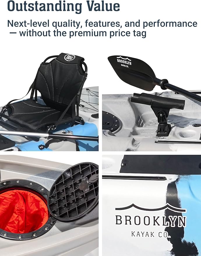 Brooklyn 9.2 Sit-On-Top Single Fishing Kayak by BKC, Lightweight Solo Kayak with Dry Hatches, Rod Holders & Accessory Rails for Lakes & Rivers (Upright Seat or Memory Foam Seat)