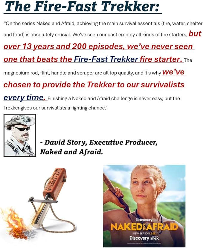 Fire-Fast Trekker。緊急防水サバイバル火起こし器。マグネシウムとユーロファイヤースチール製フェロロッド。ブッシュクラフト、キャンプ、バックパッキング、ハイキング、ハンティング、または非常持ち出し袋用のコンパクトで耐久性のあるツール。