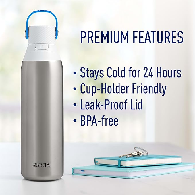 Brita ステンレス製プレミアム浄水ボトル、BPAフリー、再利用可能、断熱、プラスチック製水ボトル300本分相当、フィルター寿命2ヶ月または40ガロン、フィルター1個付き、ステンレス - 20オンス