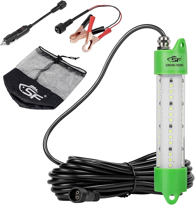 SF DC 12V LED Underwater Fishing Light 45W 70W 100W Fish Attracting Light 5600 7000 13000lm Green Fishing Light Submersible for Dock and Boats IP68 Waterproof with Cigarette Lighter or Battery Clips