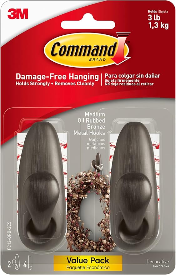 Command Medium Oil Rubbed Bronze Metal Hooks, 2 Hooks and 4 Strips, Damage-Free Wall Hook with Adhesive Strips, Forever Classic Hooks for Hanging Home Decor, Holds up to 3 lb