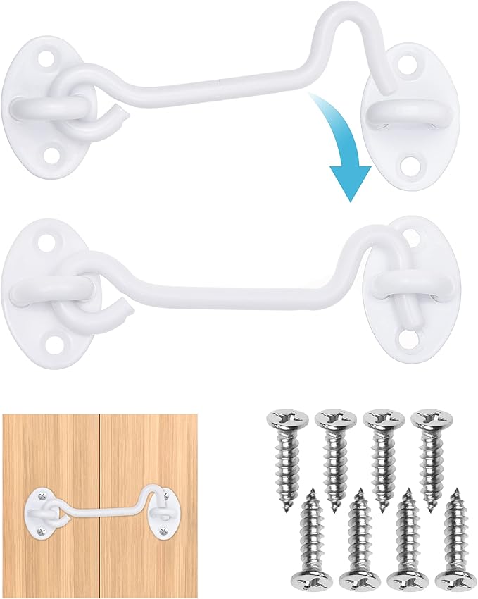 Eco-Fused 4-inch Heavy Duty Hook and Eye Latch - 2X Barn Door Lock (White), 8X Mounting Screws - Powder Coated Stainless Steel Hooks for Door, Windows, Sheds, Fences, Gates, Closets, Cabinets